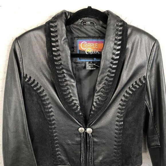 Cripple Creek Leather Jackt Womens Small Black Western Concho Braided Ranch - Picture 2 of 16
